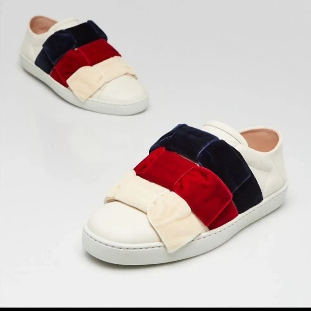 Gucci Women's Cream Leather And Velvet Bow Ace Slip On Sneakers Size 35 - Picture 2 of 16